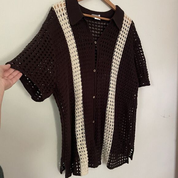 Earthbound Men’s Crochet Open Knit Button Down Top XXL Brown Resort Festival - Picture 2 of 10